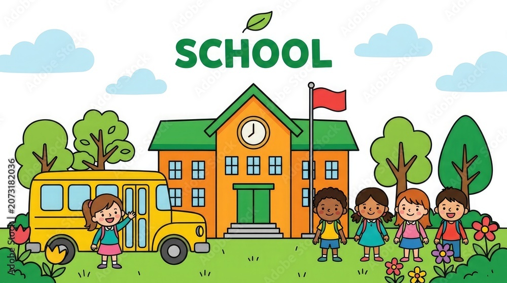Naklejka premium Back to school illustration cheerful students school bus and building for educational resources