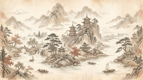 Canvastavla Traditional chinese landscape painting with mountains pagodas and boats