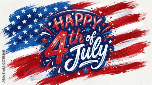 Happy 4th of July patriotic greeting, American flag brush stroke background, Independence Day celebration banner with stars and stripes