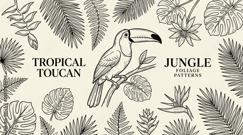 Naklejka premium Vibrant Tropical Toucan Bird Nestled in Lush Jungle Foliage with Exotic Rainforest Wildlife Patterns, Artistic Nature Illustration of Colorful Ramphastidae Amidst Emerald Green Palm Leaves.