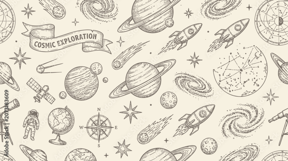 Fototapeta premium Seamless cosmic space exploration pattern featuring a distant galaxy planetary system celestial star cluster and mystical nebula for interstellar travel illustration design backdrop.