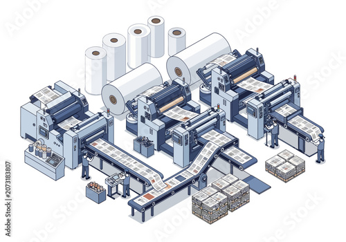 Quadro su tela An isometric illustration of a printing factory featuring three automated printi