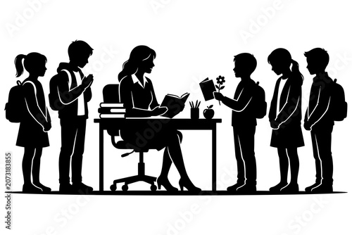 Students Meeting Teacher With Flowers In School Office Setting