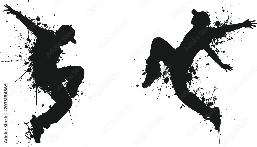Obraz premium Hip Hop Dance Silhouette Vector Set with Dynamic Urban Jump Poses and Grunge Paint Splatter