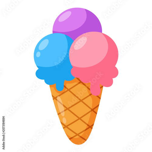 Cute Colorful Ice Cream Cone Cartoon Icon with Three Glossy Scoops