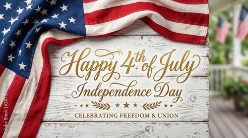 Rustic Independence Day greeting on white wood, American flag with Happy 4th of July text, patriotic celebration background for summer holiday