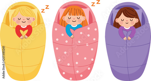 Schilderij op canvas Sleeping Children in Blankets Vector Set, Cozy Kids, Girl in Yellow, Pink, and P
