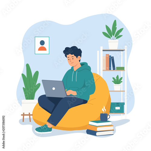 Canvastavla Young man working on laptop at home illustration with indoor plants and cozy set