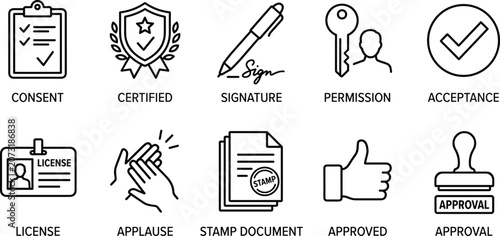 Konstfotografi Consent certified and signature vector icon set for business, including permission and acceptance symbols