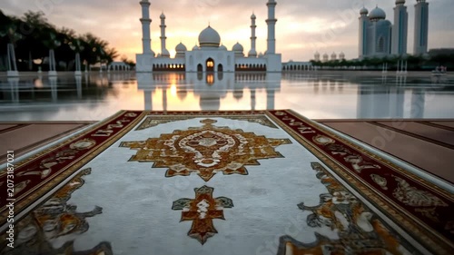 Stunning Persian rug laid out at sunset with grand mosque in the background in Abu Dhabi