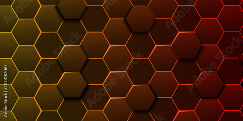 Abstract 3D Hexagon Honeycomb Pattern Background With Futuristic Orange Red Gradient and Geometric Depth