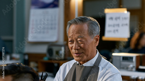 Older Korean man in a barbershop apron clips a young customer's hair while speaking animatedly, traditional Korean calendar on the wall, handwritten price list in two languages taped to the mirror, 