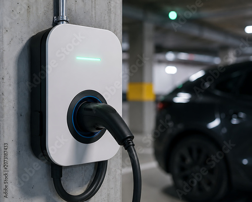 Home electric vehicle charger installed in residential parking garage