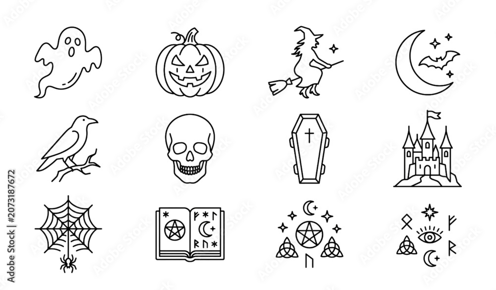 Obraz premium Halloween Horror Line Icon Collection with Moonlight and Supernatural Elements
