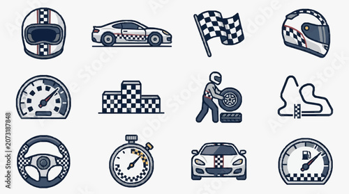 Tableau sur toile Sleek Checkered Flag Racing Icons Collection Helmets Cars Speedometer Pit Stop a