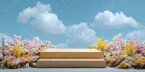 Beautiful natural background of flowers, podium, space for advertising. Greeting card. Health, beauty, life, flora. For designers, advertising, IT.