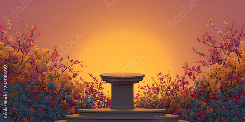 Beautiful natural background of flowers, podium, space for advertising. Greeting card. Health, beauty, life, flora. For designers, advertising, IT.