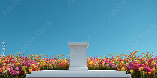 Beautiful natural background of flowers, podium, space for advertising. Greeting card. Health, beauty, life, flora. For designers, advertising, IT.