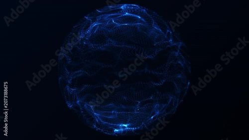 Abstract dark blue particle sphere with layered wave texture and glowing dotted structure, great for technology, data network, science, AI, and futuristic backgrounds.