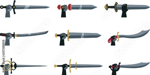 Schilderij op canvas Minimalist medieval swords and historical blades vector set featuring armored hands holding flat design katanas, broadswords, and scimitars for gaming assets