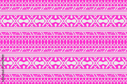 Bright pink ethnic tribal seamless pattern with geometric folk ornaments, decorative textile background and repeatable fabric design.