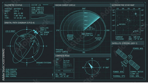 Photos Futuristic aerospace digital interface showing orbital tracking, radar sweep, satellite telemetry, and star mapping for space exploration, mission control, and sci-fi visualization