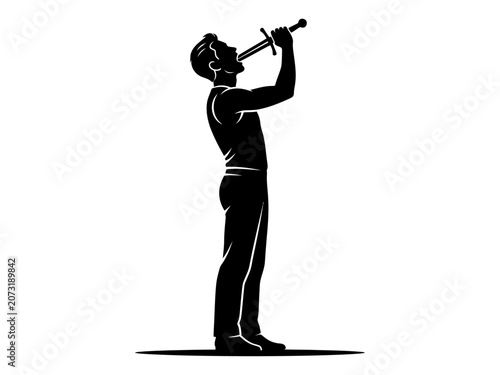 фотографія Dramatic silhouette of a man threatening himself with a sword against a white ba