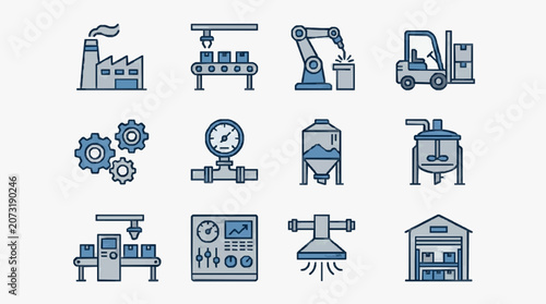 Tableau sur toile Elegant Monochromatic Line Icons Set Featuring Industrial Machinery Factory Equi
