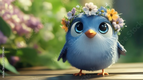 A cute blue bird with a flower crown, designed in a playful, cartoonish style.