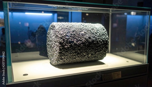 Highly textured dark gray uranium pellet replica displayed in museum exhibit