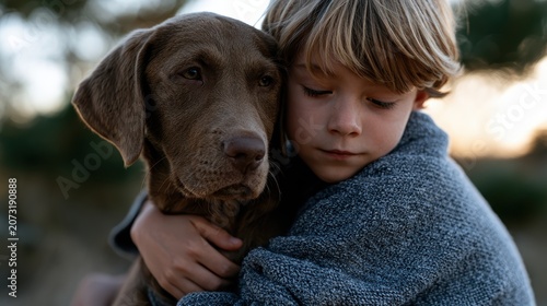 emotional family bond, genuine, emotional moment of child embracing beloved pet against a beautiful sunset, capturing raw, realistic emotion