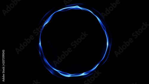 Abstract blue neon energy ring moving on a black background with smooth glowing light trails, ideal for technology, digital interface, science, and futuristic design.