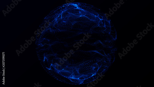 Abstract dark blue particle sphere with layered wave texture and glowing dotted structure, great for technology, data network, science, AI, and futuristic backgrounds.