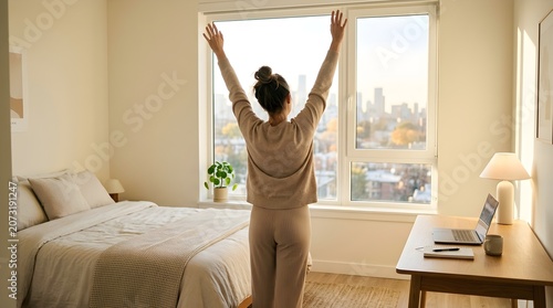 Woman Waking Up Stretching Arms Up In A Bright Bedroom With City View At Sunrise