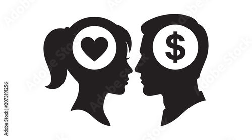 Photography Two human head silhouettes with heart and dollar sign symbols