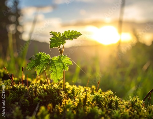 Young Plant Growing in Mossy Ground at Sunrise.