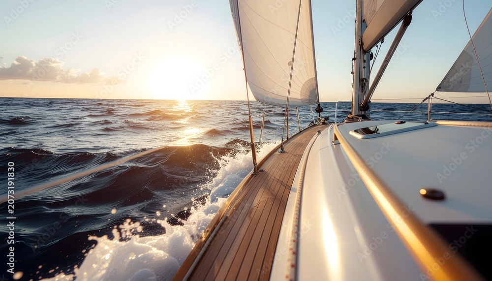Fototapeta premium A sailboat deck navigating through ocean waves during a beautiful golden sunset, capturing the spirit of maritime adventure, luxury sailing lifestyle, and freedom at sea.