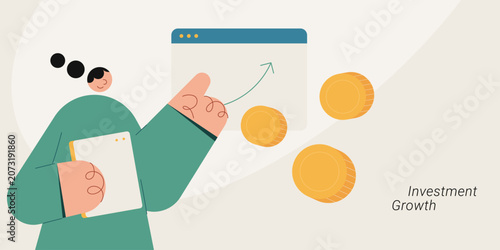 Obraz na plátně Flat design illustration of a person pointing at a growth chart on a browser screen with gold coins flying out, representing investment growth and financial return
