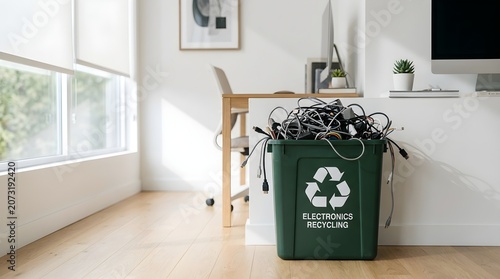 Green Bin Overflowing With Discarded Electronic Cables and Wires for Recycling