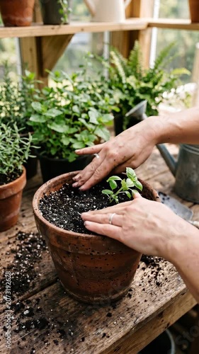 Hands planting small green seedling in terracotta pot in greenhouse