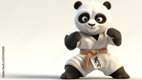 A cartoon panda dressed in a karate gi, striking a martial arts pose.