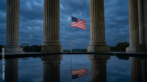 The american flag flutters gracefully under a stunning sky at a historic site symbolizing freedom and togetherness