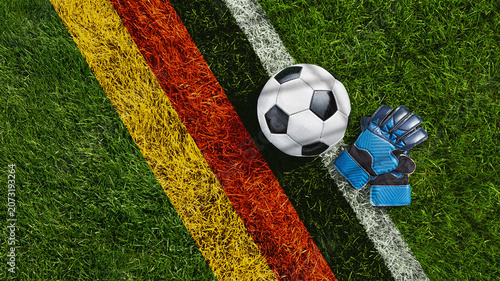 green grass texture with a soccer ball and goalkeeper gloves with the German flag - well-groomed turf. Banner with copy space.
