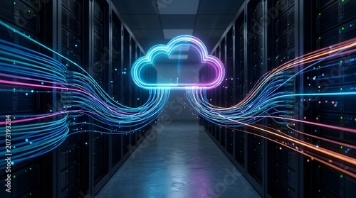 Cloud computing network data transfer glowing neon symbol connecting server racks representing digital infrastructure