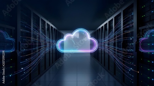 High speed cloud data migration network passing through a modern server room representing digital transformation