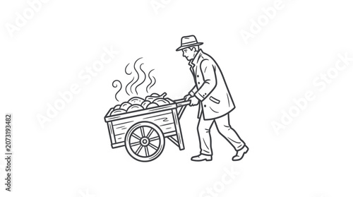 Fotografie Baker transporting fresh hot buns in a vintage handcart