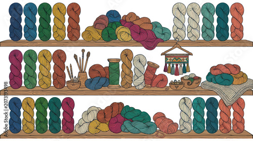 Photos Colorful yarn skeins and knitting supplies on wooden shelves
