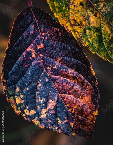 Vibrant autumn leaf with colorful spots.