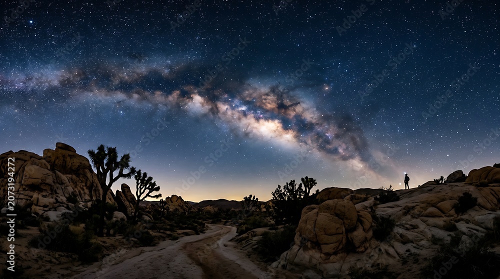 Naklejka premium Milky way galaxy over joshua tree desert landscape at night with night sky astronomy landscape astrophotography outdoors