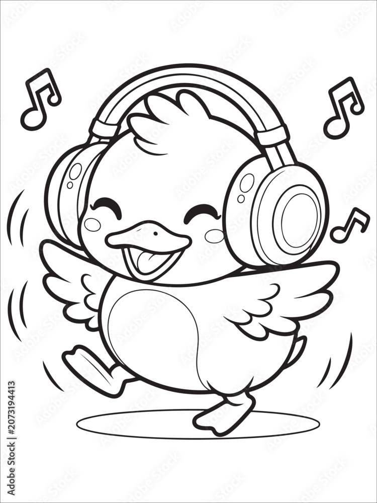Obraz premium Happy cartoon chick with headphones dancing isolated on white background, illustration